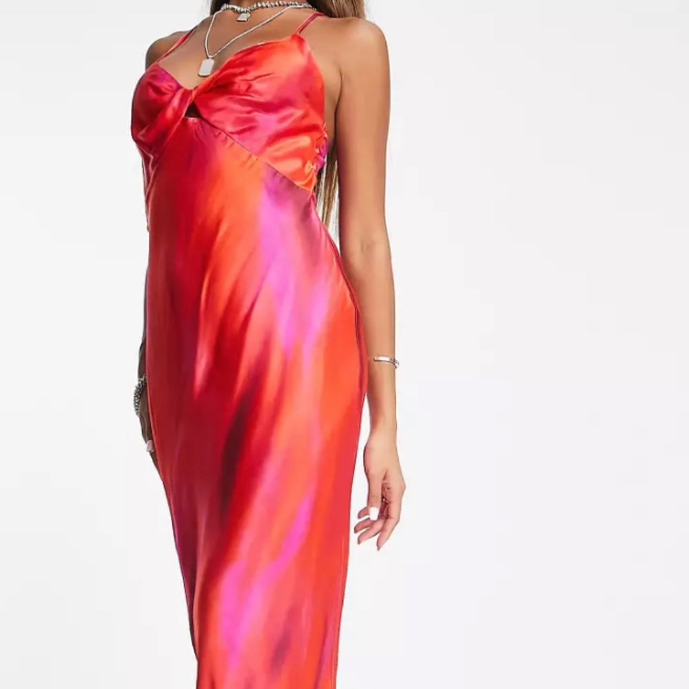 Bershka twist front satin midi dress in red blurred print